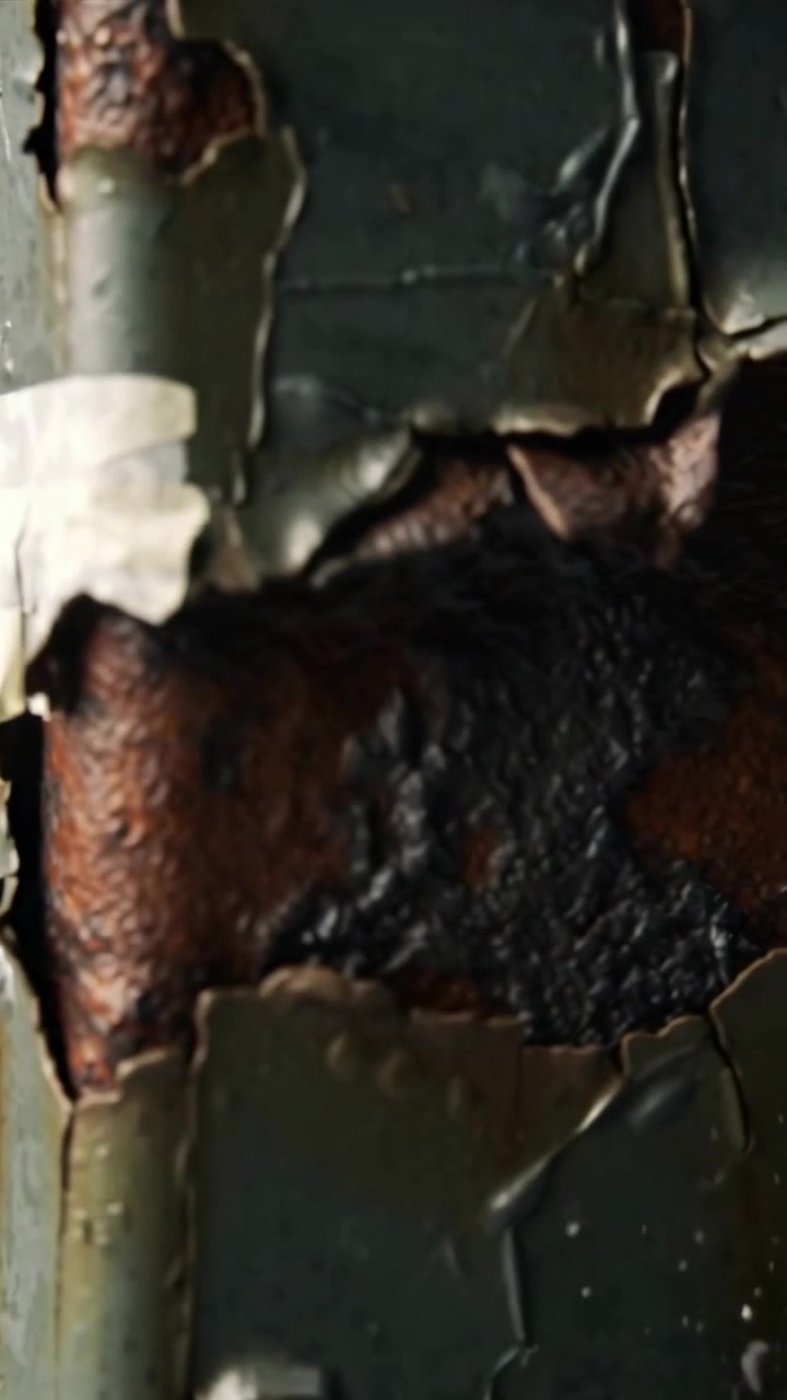 Vertical video: Starting camera panning along metal seam, revealing peeling paint, torn tape, rust