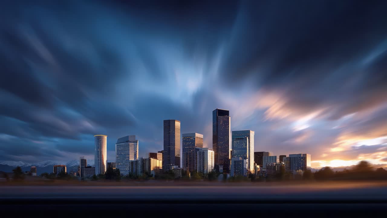 Stunning Urban Skyline Transition: A Beautiful Contrast Between Daylight and Nighttime Illuminations of a Modern Cityscape with Atmospheric Clouds