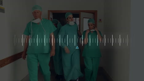 animation of diagram moving over caucasian surgeons walking in hospital