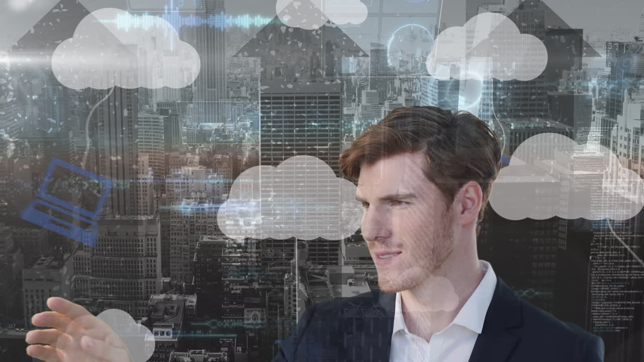 Animation of caucasian businessman over cloud icons and cityscape