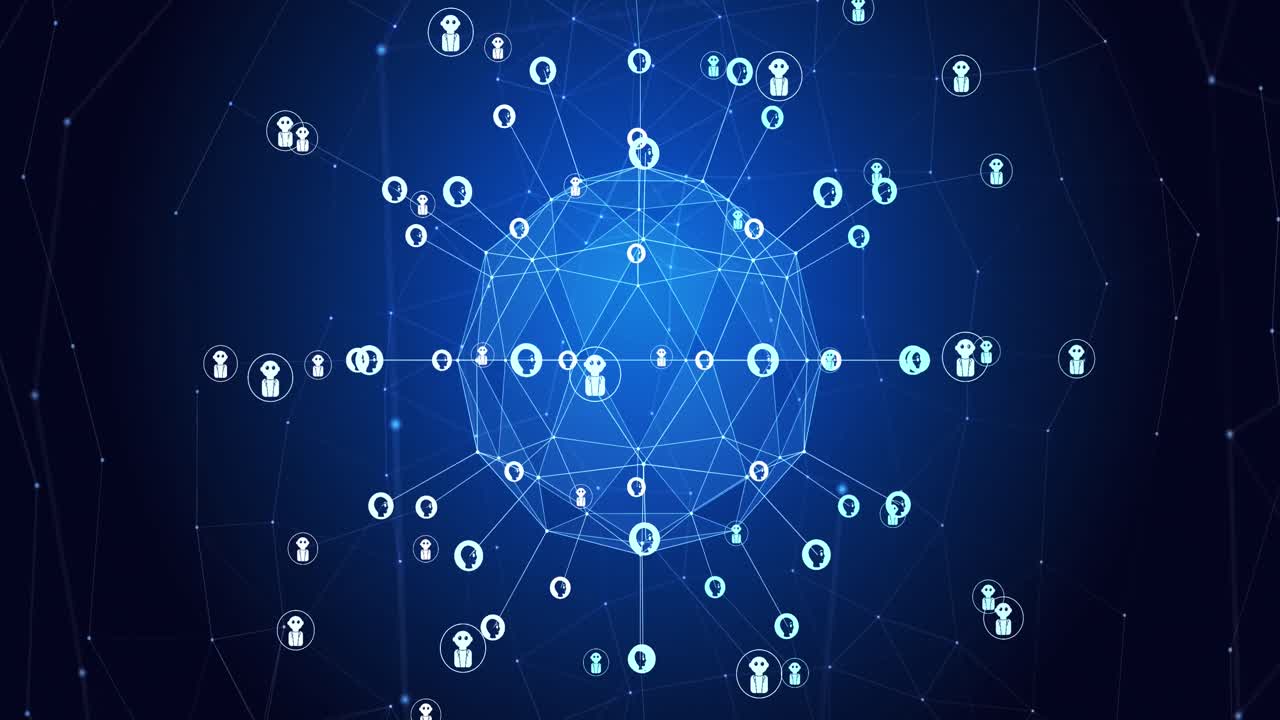 animación de globo rotativo con personas e íconos de robots conectados con líneas