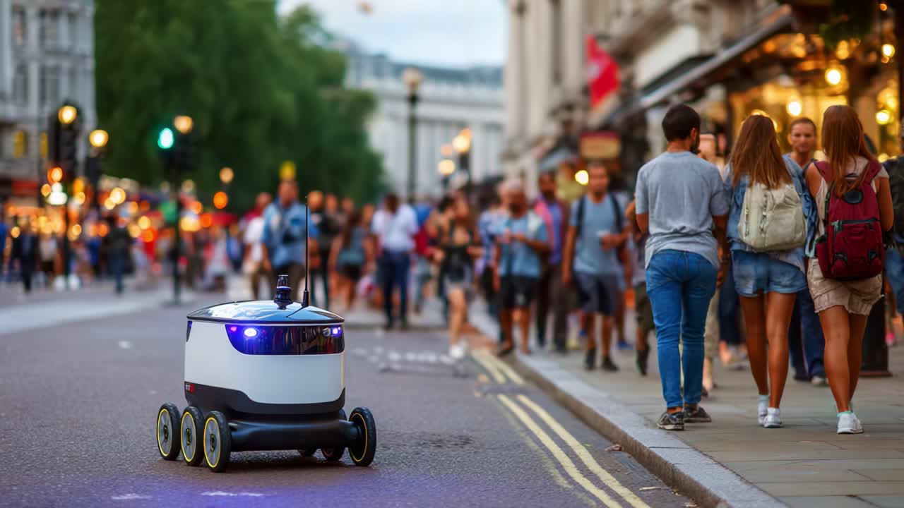 A futuristic delivery robot navigates a bustling urban street, showcasing the blend of technology and humanity in modern city life as people go about their day