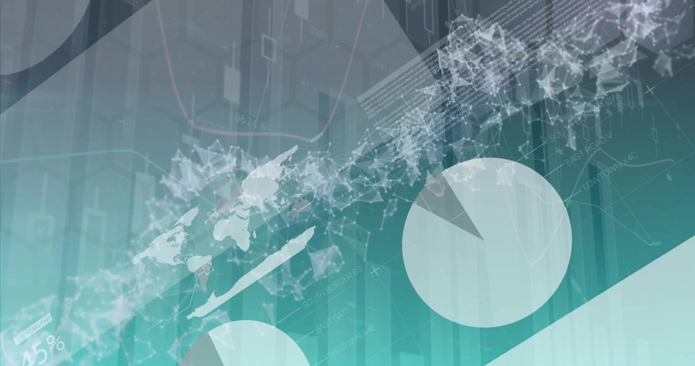 Particle network starting on teal background weaving through bars, animating charts, updating stats