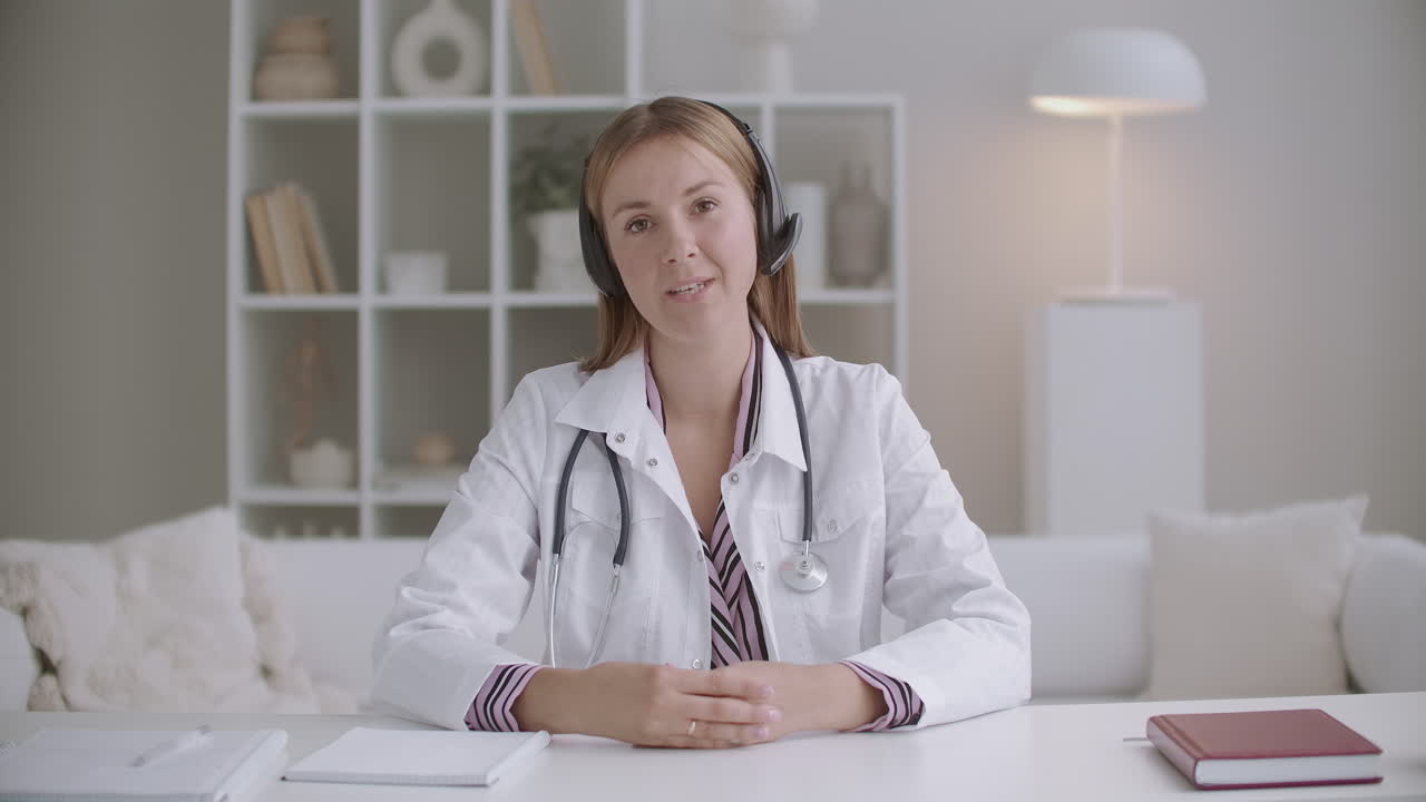 female pediatrician is consulting online conducting webinar for women and parents by video chat portrait of doctor