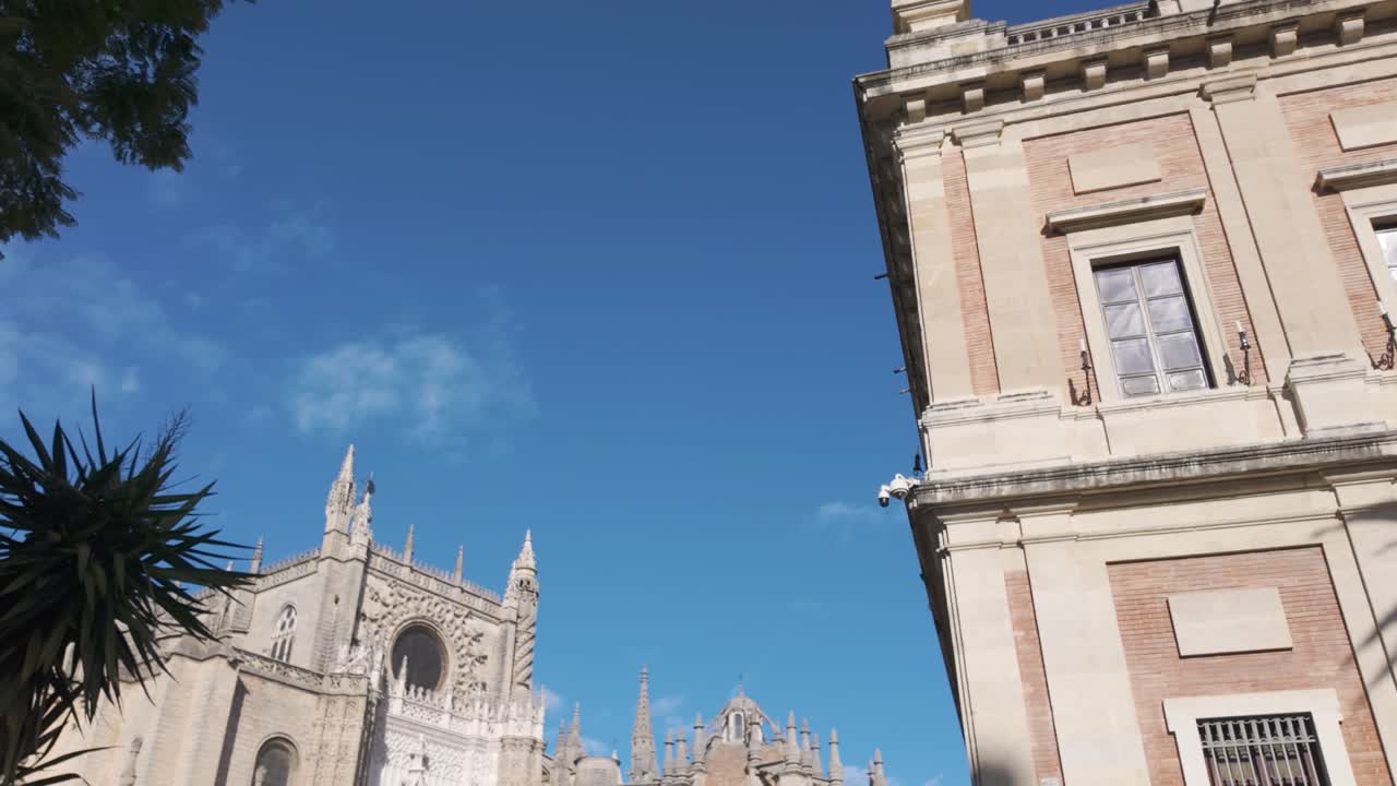 Seville Cathedral's Gothic spires framed by greenery under a clear blue sky