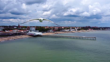 seagull flying towards the drone as it was capturing a revers footage of a pier, beachfront, townhouses, and a gorgeous british sky with huge rain clouds