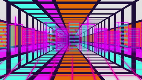 animation of moving, geometrical, colorful tunnel over cityscape