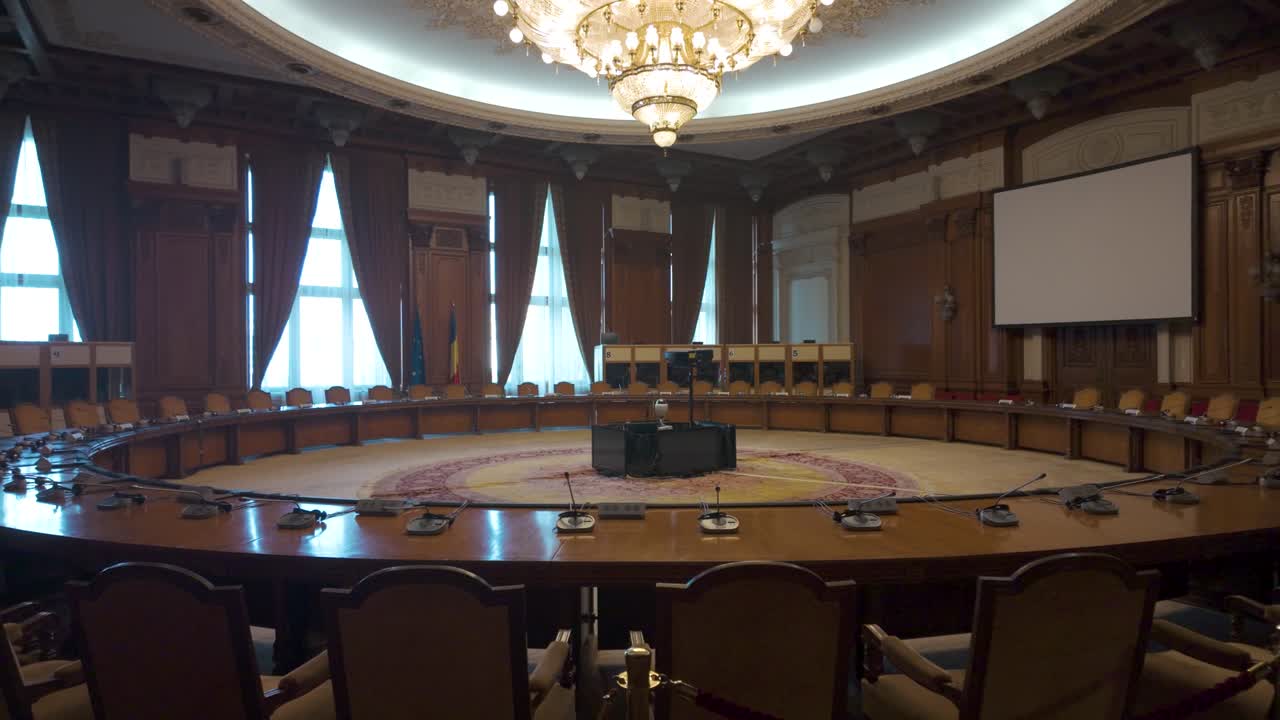 Meeting room with round table and chairs in romanian parliament