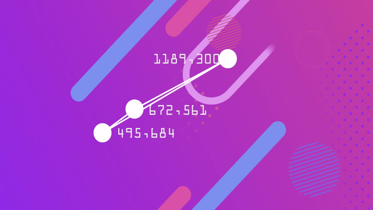 Animación de formas geométricas y números sobre un fondo vibrante morado y rosa.
