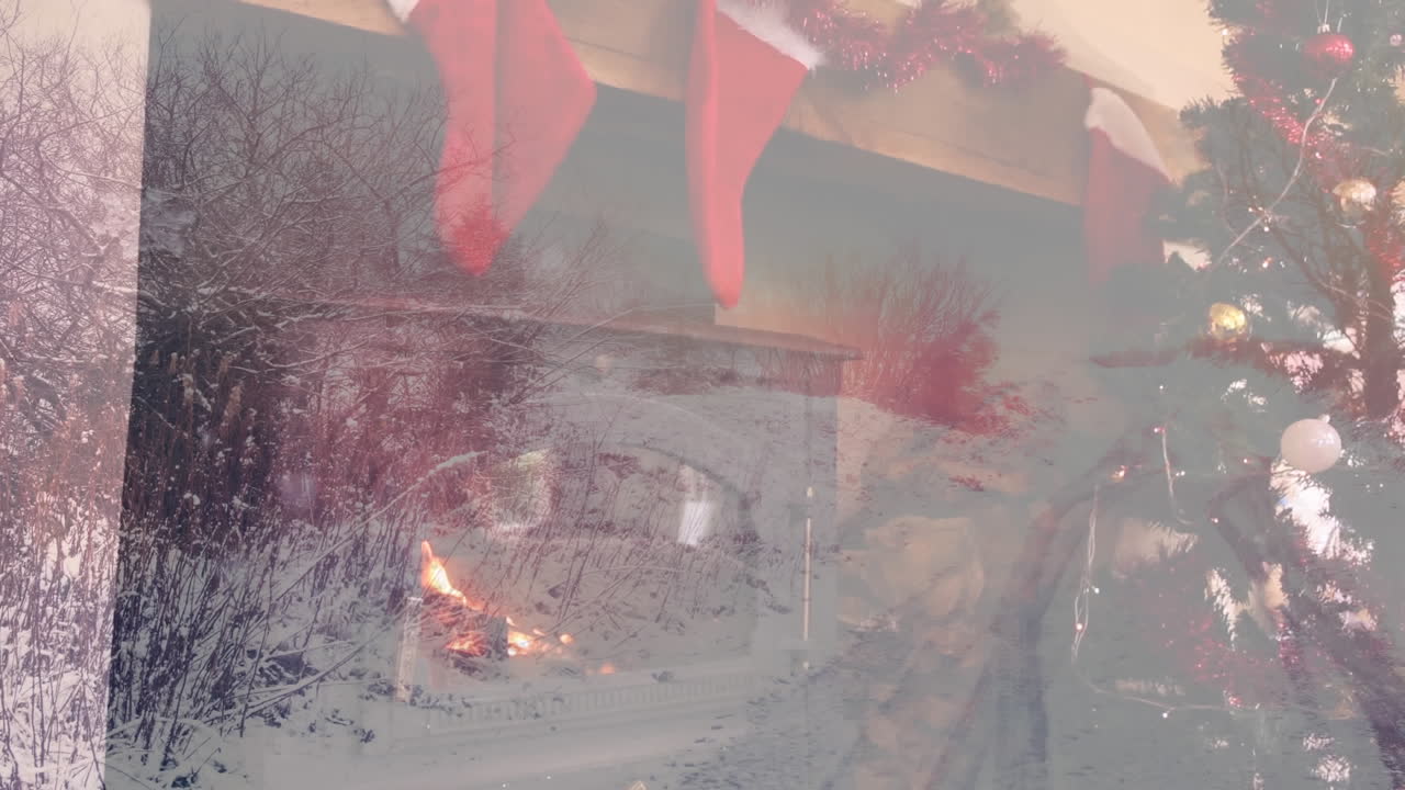 디지털 눈 풍경과 크리스마스 장식은 축제 가정 환경에 여 있습니다.