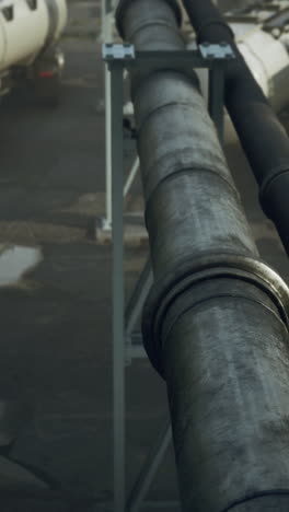 close-up of large metal pipes running along a factory floor