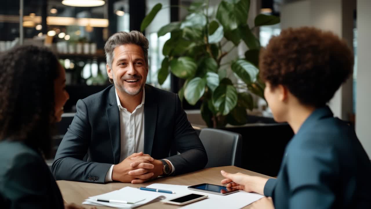 Business meeting in a modern office, captured from a low-angle