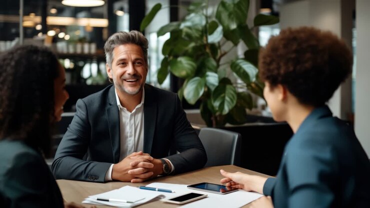 Business meeting in a modern office, captured from a low-angle