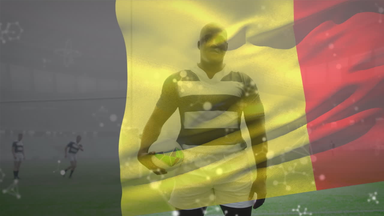 Animazione di una bandiera belga sventolante su giocatori di rugby.