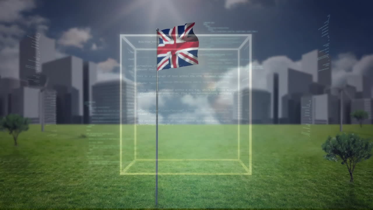 도시 풍경 위의 데이터 처리 애니메이션과 함께 투명한 큐브 내부의 영국 발