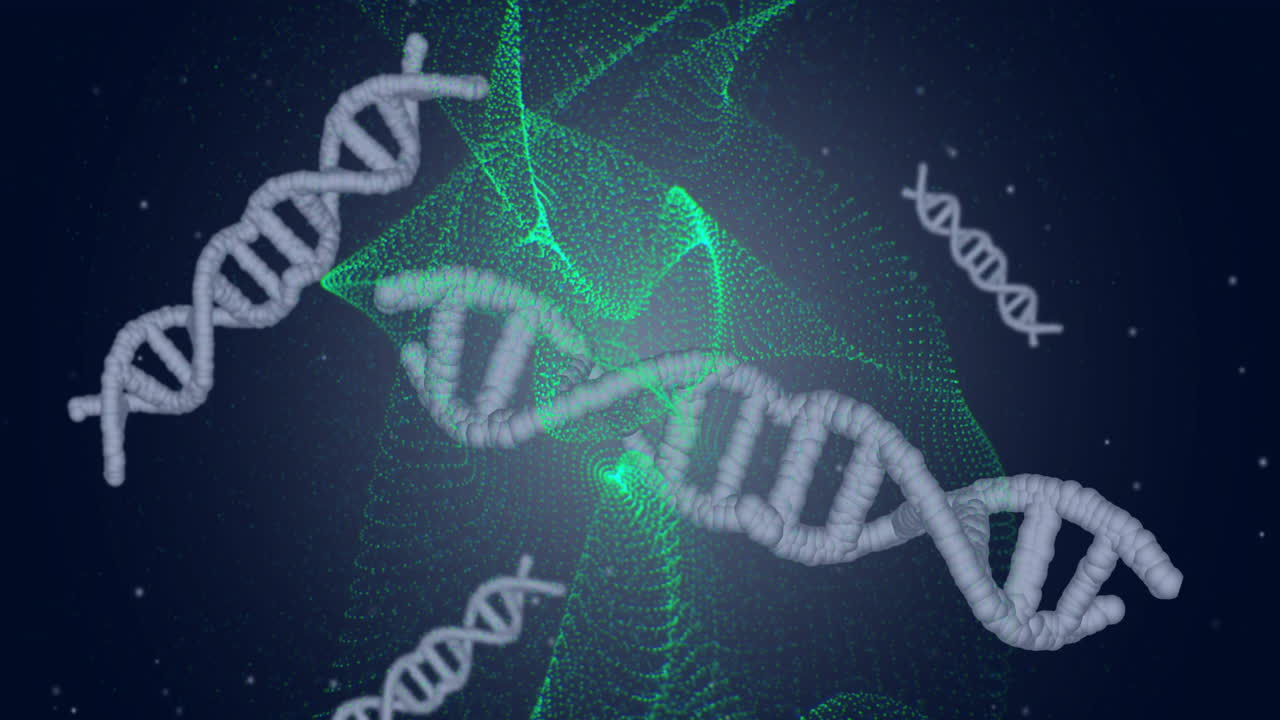 Animating DNA strands and green digital waves, displaying scientific data