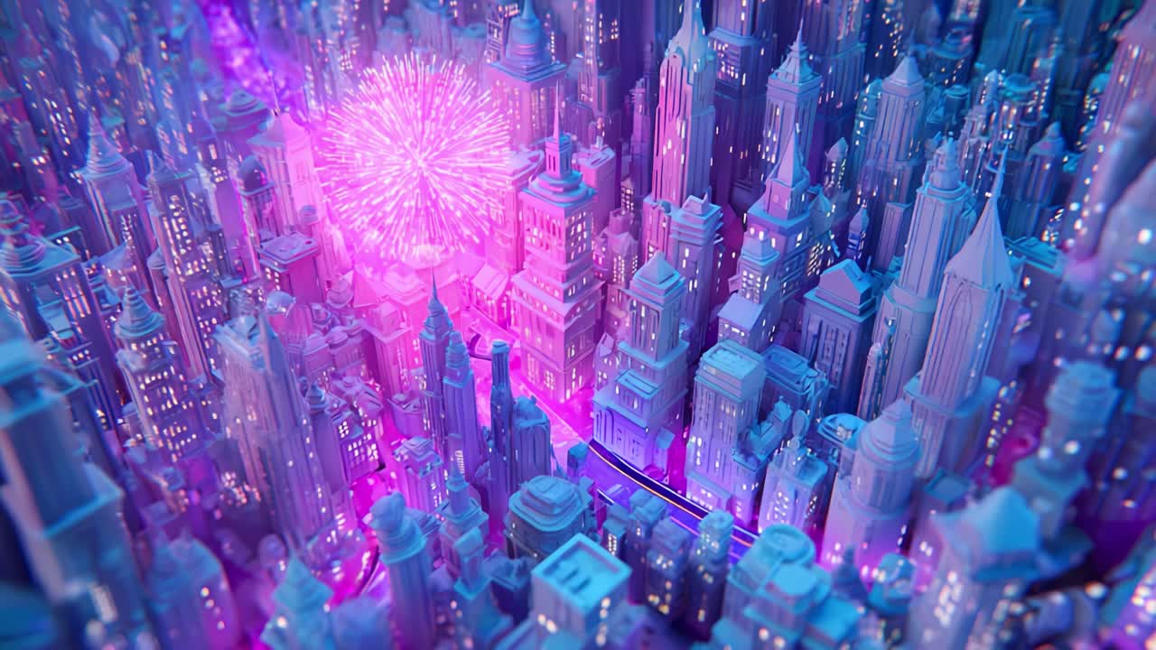Aerial View of Illuminated Cityscape with Vibrant Night Lights and Colorful Fireworks Show, Showcasing a Futuristic Urban Environment Filled with Skyscrapers and Radiant Colors