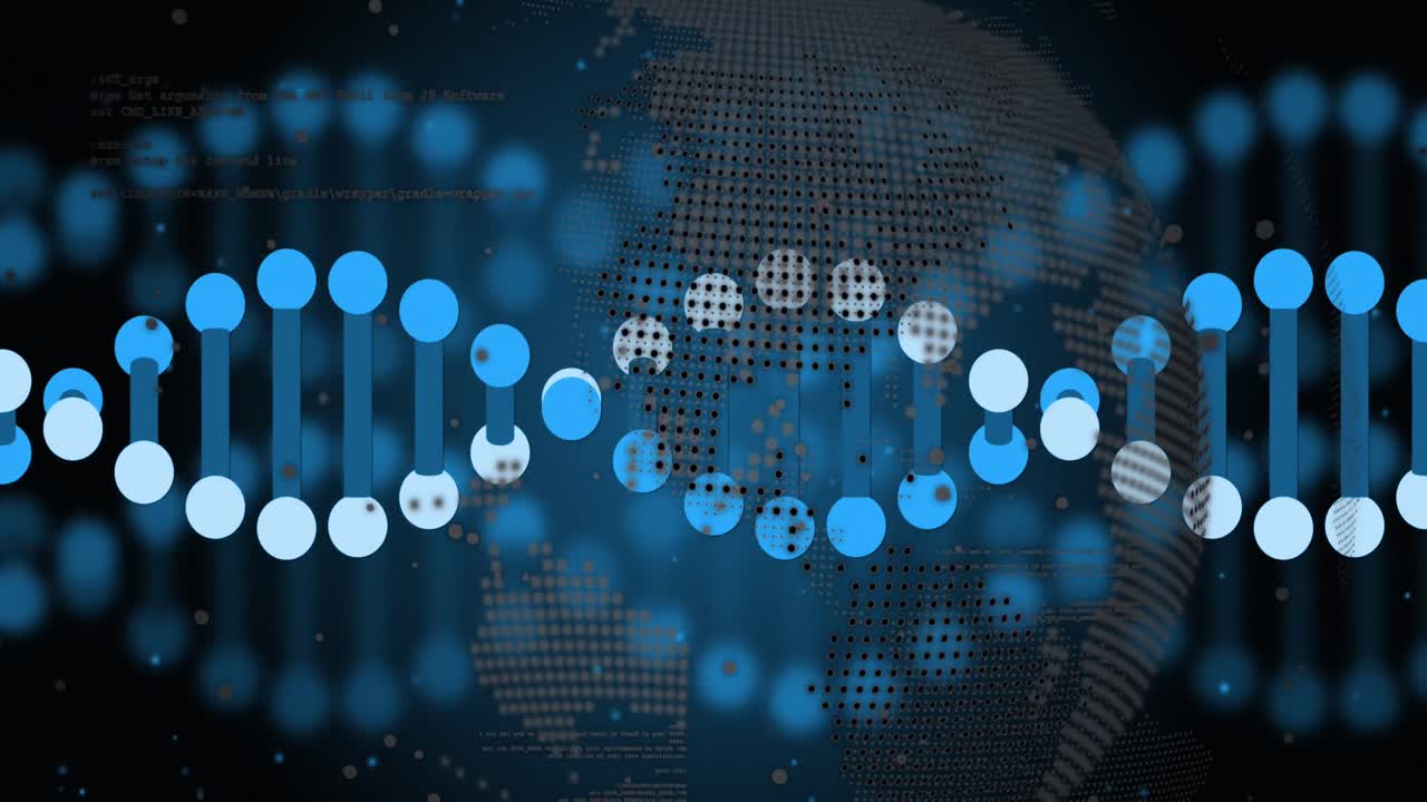 지구를 가로질러 회전하는 dna 줄무의 애니메이션과 데이터 처리