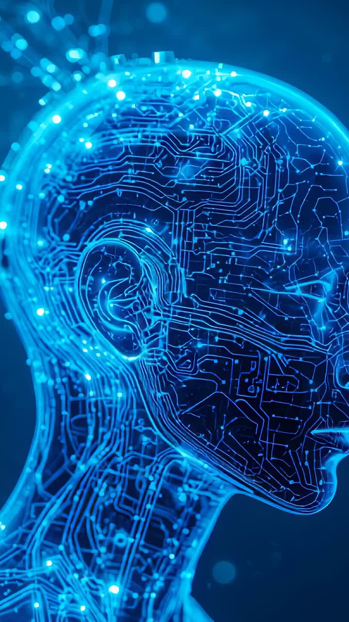 Vertical video: Powering up synthetic head rotating to frontal in deep blue space, with circuitry