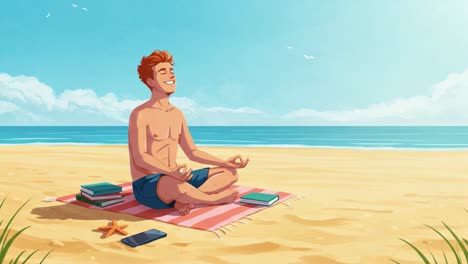a tranquil moment: a young man meditating on a beach while surrounded by books, embracing peace and serenity under the clear blue sky by the ocean