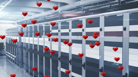 Red heart animation over rows of servers in data center