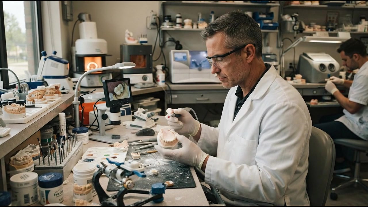 Tecnico odontoiatrico al lavoro su un modello di protesi dentaria in laboratorio