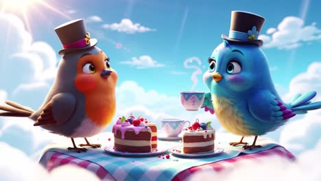 two adorable animated birds dressed in top hats enjoy a delightful tea party among the clouds, featuring delicious cakes and whimsical atmosphere