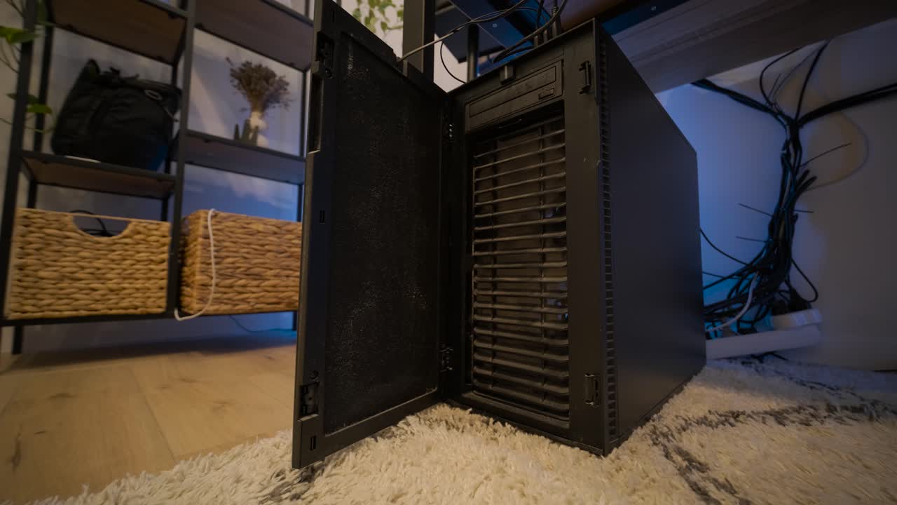 Desktop Computer Tower Running with Open Front Panel