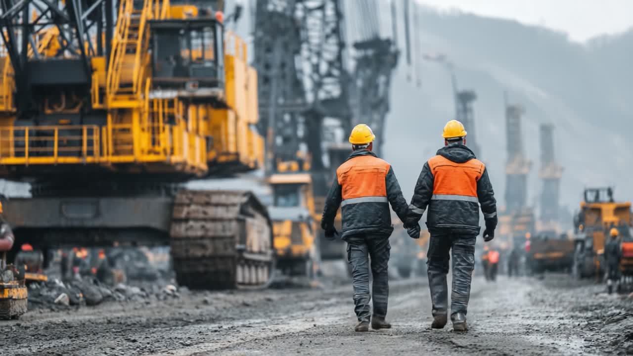 Two Workers in Safety Gear Walking Together on a Construction Site Surrounded by Heavy Machinery and Equipment, Focused on Teamwork and Industrial Environment