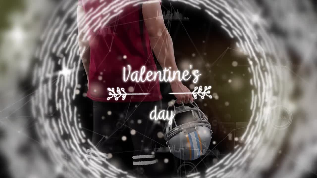 Animation of data processing and valentine's day text over caucasian male american football player