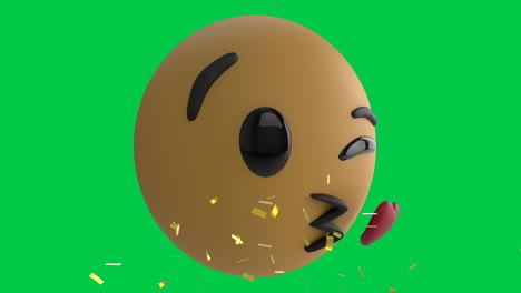 animación digital de confeti cayendo sobre la cara soplando un emoji de beso volador contra un fondo verde