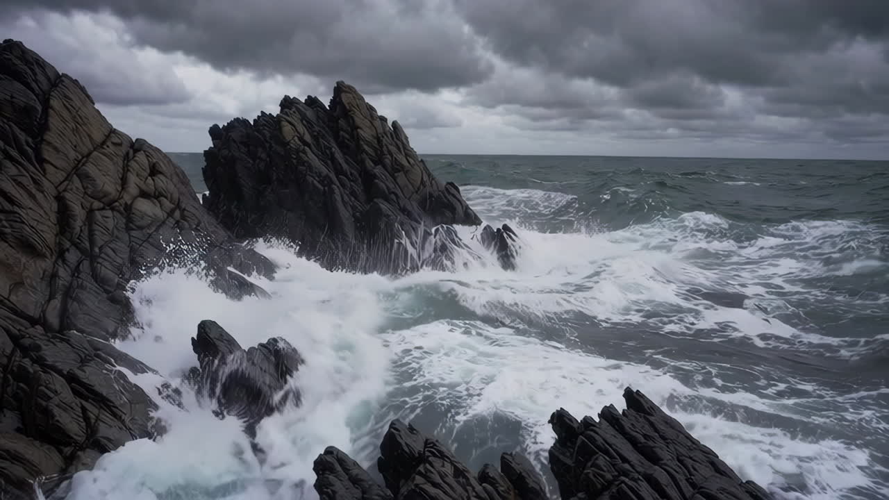 Stormy Waves Crashing on Rocky Coastline
