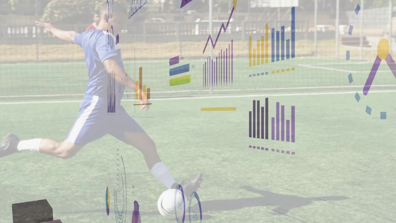 Blue player dribbling cones then shooting to red target for soccer training while charts overlaying