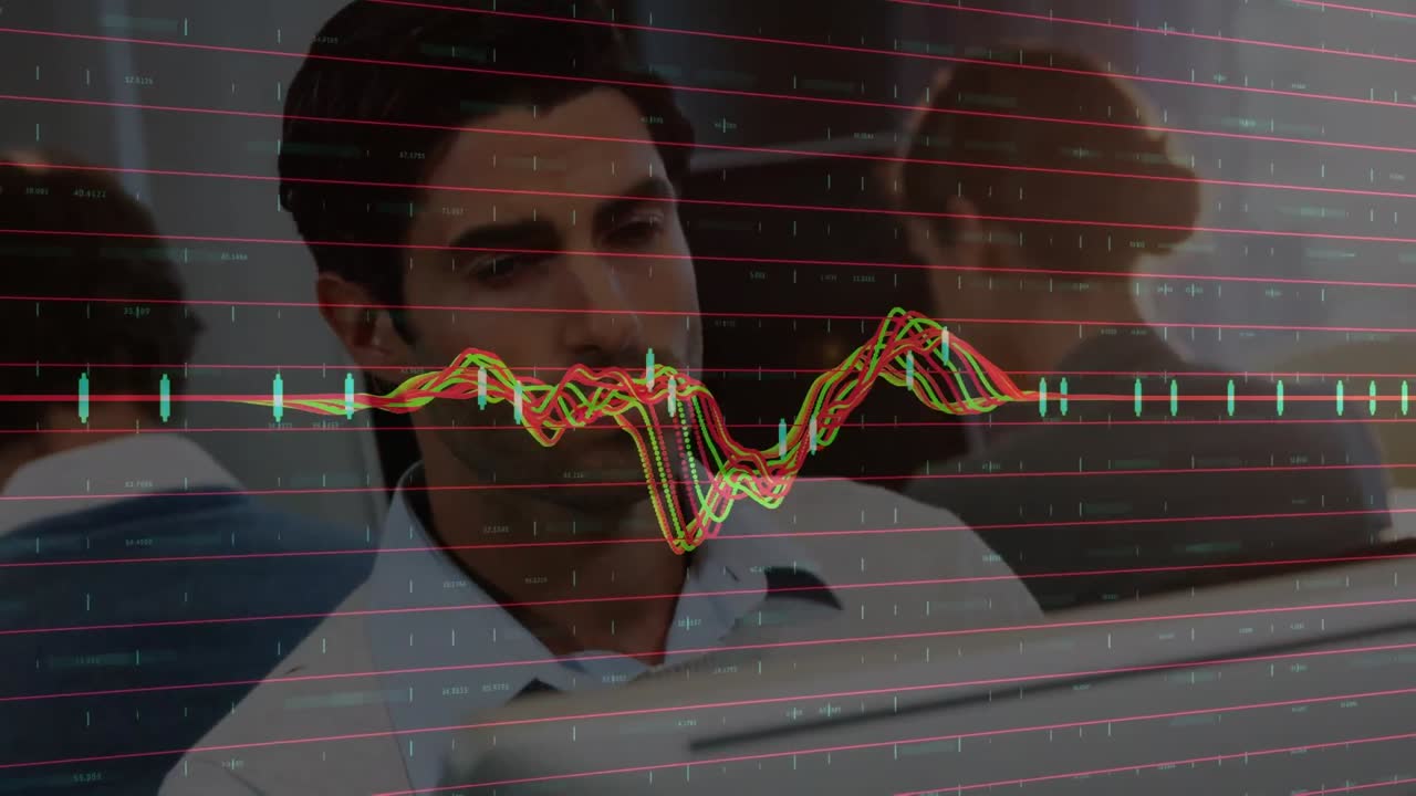 animación de gráficos financieros sobre el hombre caucásico que trabaja en la oficina