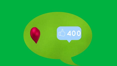 Red-heart-icon-and-like-icon-with-increasing-numbers-on-green-speech-bubble-against-green-background