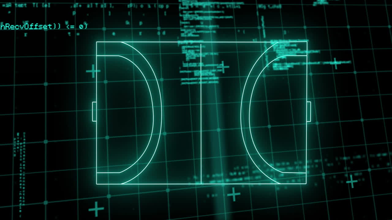 Glowing animation of basketball court lines on dark abstract background