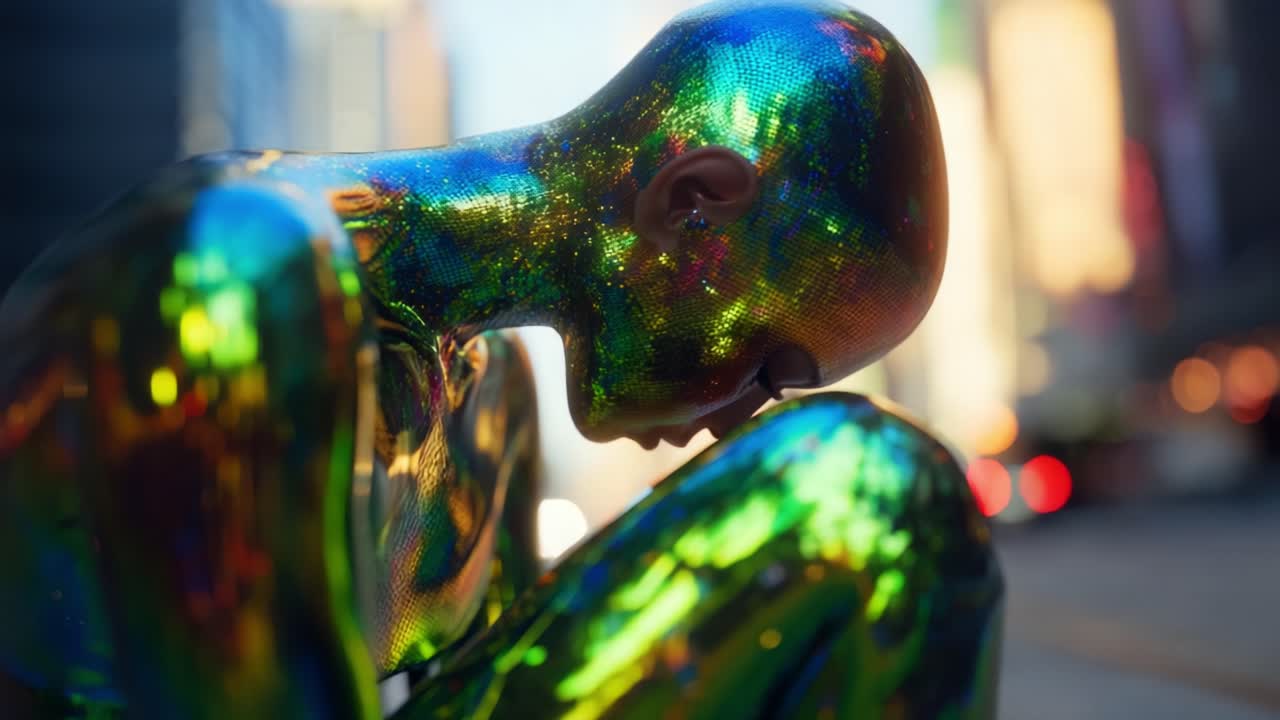 A Captivating Vision of a Reflective Figure with Iridescent Skin, Set Against a Vibrant Urban Background, Evoking Emotions of Solitude and Contemplation in a Modern Cityscape