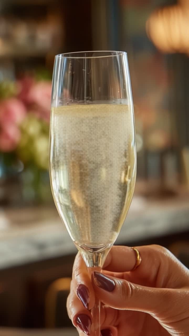 Brindisi Celebrativo con Bevanda Frizzante in Elegante Calice a Flûte, Bollicine Affascinanti che Salgono in Superficie in un'Atmosfera da Pranzo Raffinata