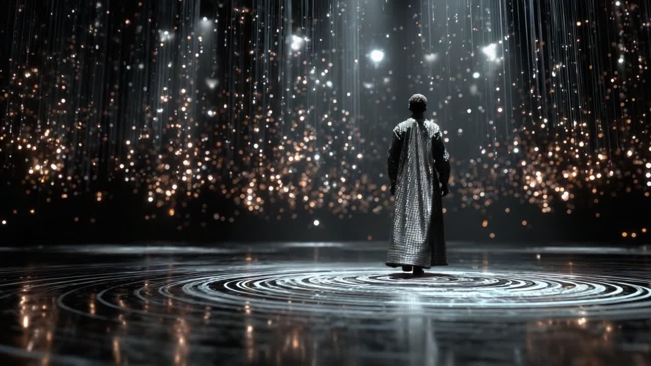 A solitary figure stands in a mesmerizing space filled with shimmering lights and intricate patterns, creating an ethereal atmosphere that captivates the viewer's imagination