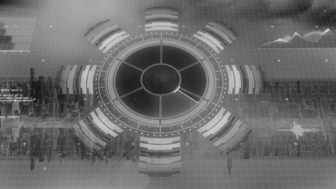 도시 풍경 위의 범위 스캐닝과 함께 데이터 처리 애니메이션