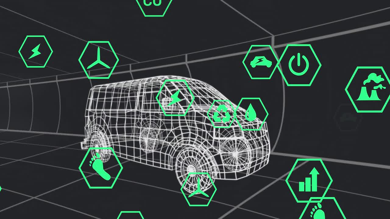 animación de iconos sobre modelo de furgoneta digital y líneas en fondo negro