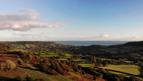 aerial view over rural landscape at fire beacon hill in devon