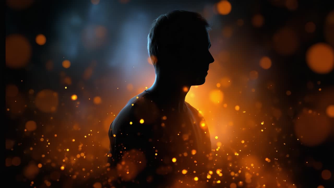 Silhouet van een persoon tegen een achtergrond van gloeiende lichtdeeltjes, waarbij een moment van contemplatie wordt vastgelegd in een sfeer van mysterie en warmte