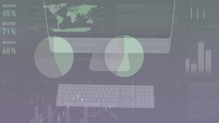 Animation of infographic interface over overhead view of desktop and keyboard on table