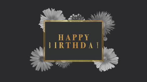 happy birthday with summer flowers on gold frame