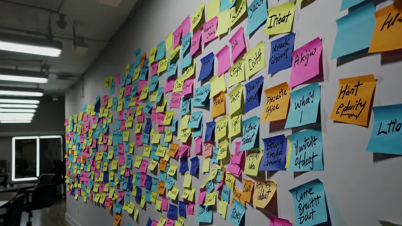 A dynamic video concept featuring a close-up angle of a wall covered in colorful sticky notes