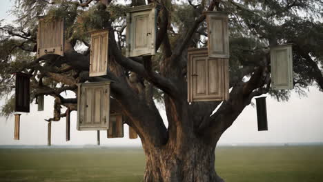 a surreal tree adorned with floating cabinet doors in a field