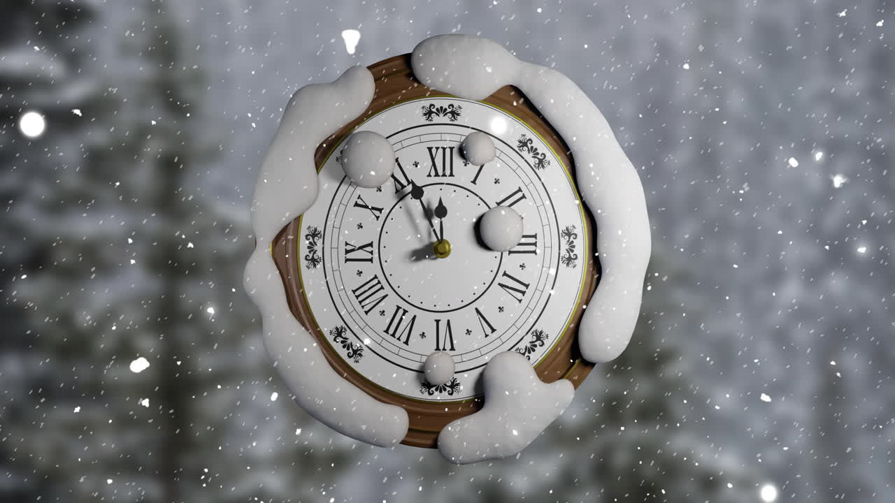 animación de reloj retro que muestra la medianoche en un paisaje de invierno
