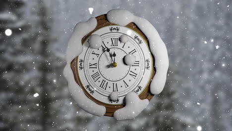 animation of retro clock ticking showing midnight in winter scenery