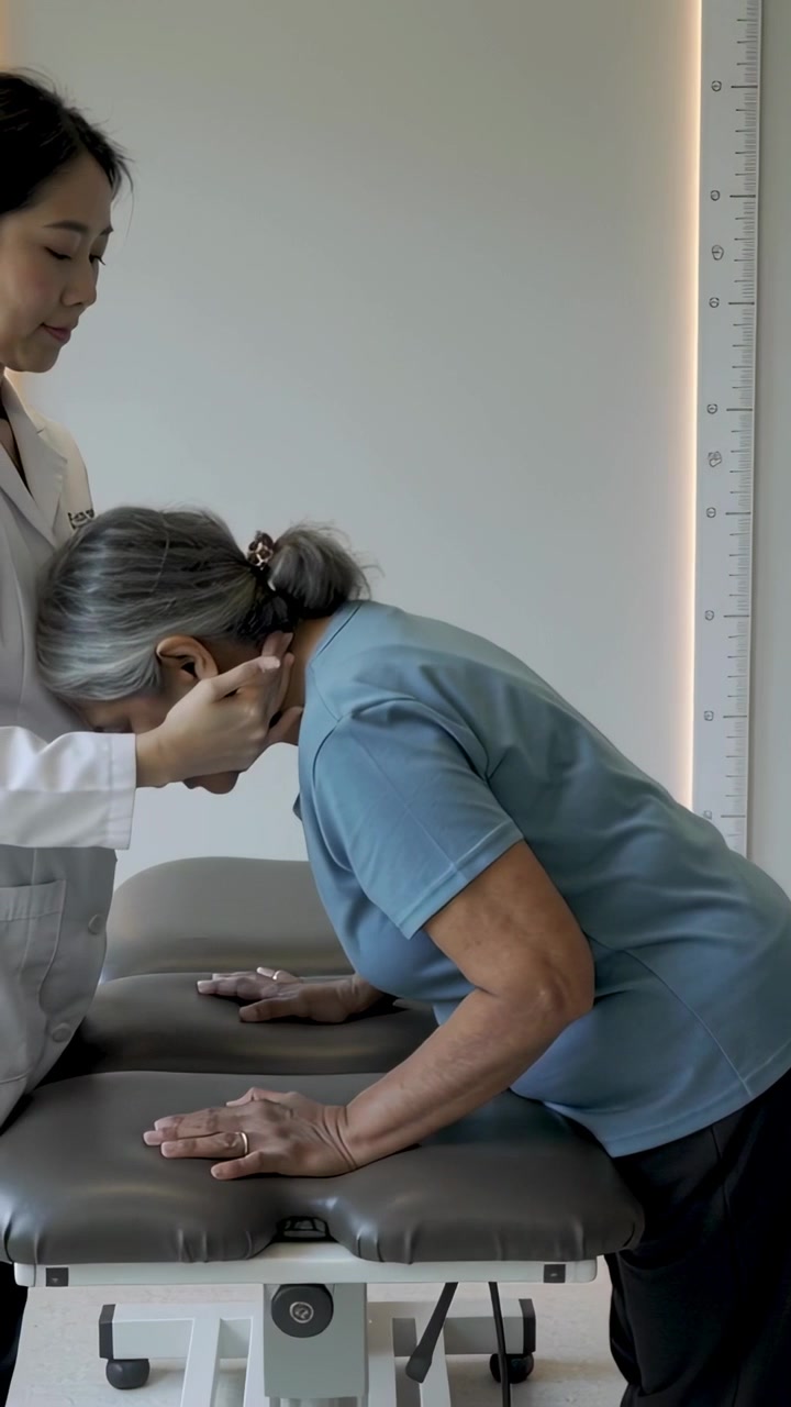 Video verticale: Guida al paziente per il rientro del mento al tavolo per l'esame su indicazione del medico, mani con camice